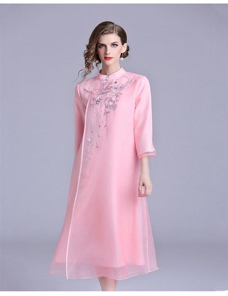 

casual dresses autumn original design chinese tea style flower embroidered big size silky stand collar organza cheongsam dress for women, Black;gray