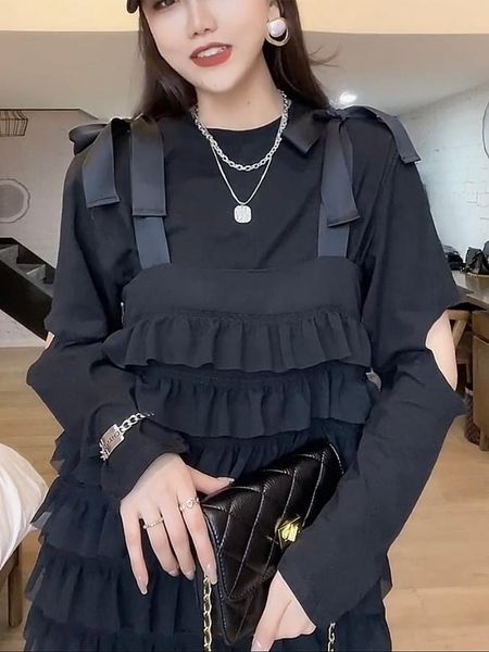 

casual dresses european spring design sense ruffled temperament mid-length black strap cake women fashion streetwear 2021, Black;gray