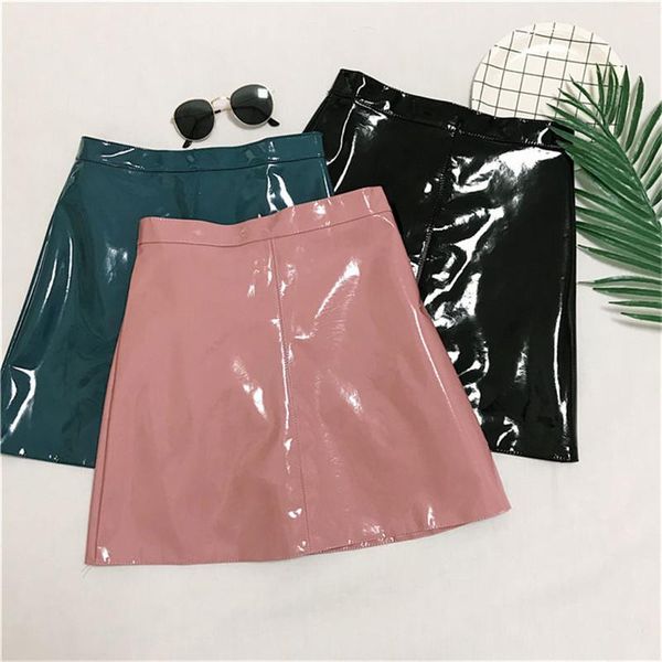 

skirts korean version of the high waist skirt women's bright patent leather short summer anti-glare a-line, Black