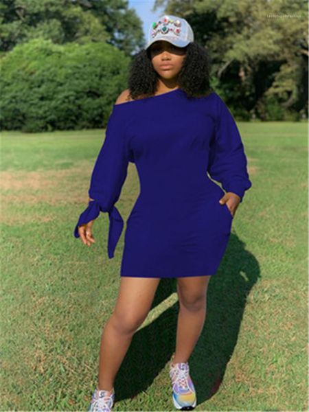 

casual dresses short skirt female spring knotted sleeves solid color loose womens oblique shoulder fashion long sleeve round neck 0et1, Black;gray