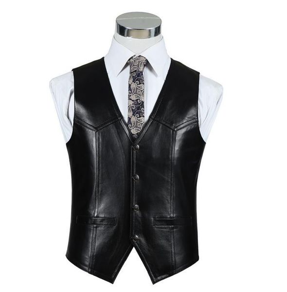 

men's vests fit mens slim genuine vest casual business suit sheepskin leather waistcoat drop, Black;white
