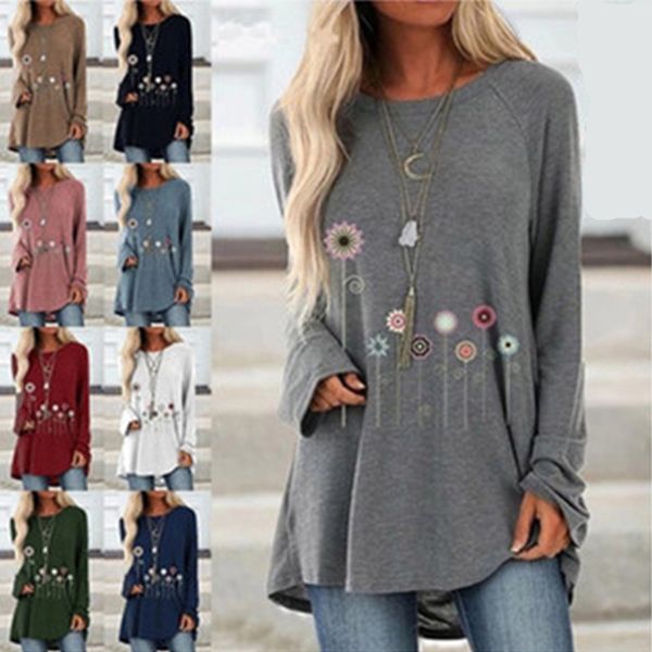 

2021 new floral print long sleeve round neck loose casual t-shirt for women, White