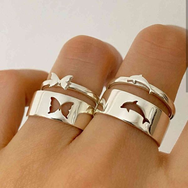 

love ring trendy gold silver color dolphin butterfly s for women men couple adjustable opening set friendship gift jewelry, Slivery;golden