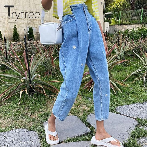 

trytree 2021 women jeans casual daisy embroidery elastic waist demin pants harem blue pockets fashion yong female women's