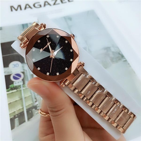 

wristwatches luxury crystal star sky women's watch gold steel belt water dail bracelet polygon gift clock, Slivery;brown