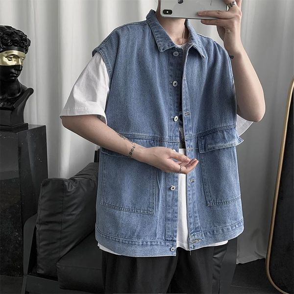 

ins sleeveless denim jacket men's spring summer trend brand streetwear coat cargo vest black blue plus size male clothes vests, Black;white
