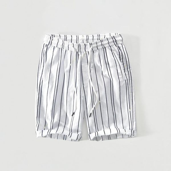 

mid-waist casual cotton linen five-point pants men's shorts summer straight thin striped floral, White;black
