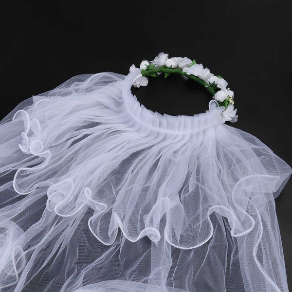 Velo da sposa a due strati Flower Girl Veli da sposa bianchi Comunione Ghirlanda di capelli per accessori da sposa (bianco) X0726