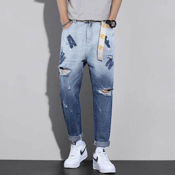 

men's jeans ripped wash holes loose casual pants fashion trend straight printed letters denim trousers 28-38 y8ba, Blue