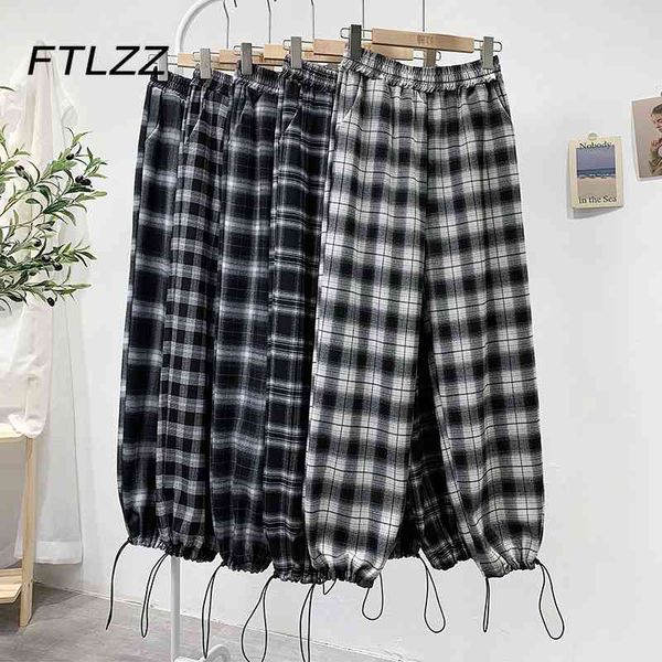 

woman vintage plaid pants korean summer high waist streetwear women black harajuku 210602, Black;white