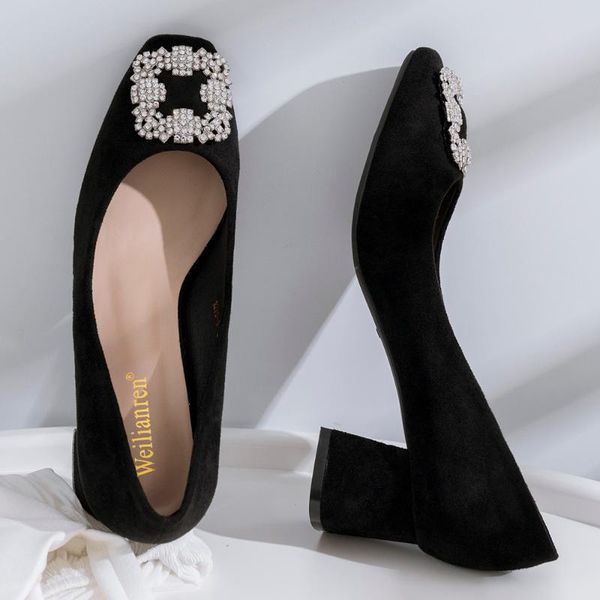 

dress shoes fashion women high heels soft suede rhinestone buckle mid block heel pumps daily shopping casual 5cm square toe large-size, Black