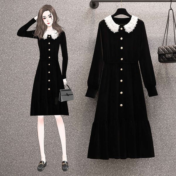 

casual dresses dress gold velvet french waist down show thin autumn and winter large women's fat sister hepburn style small black skirt, Black;gray