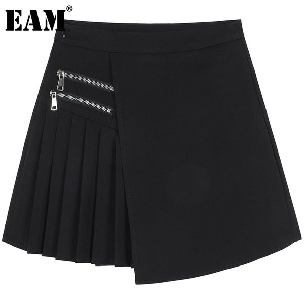 

[eam] black zipper irregular pleated high waist half-body above knee mini skirt women fashion spring summer 1dd8000 210512