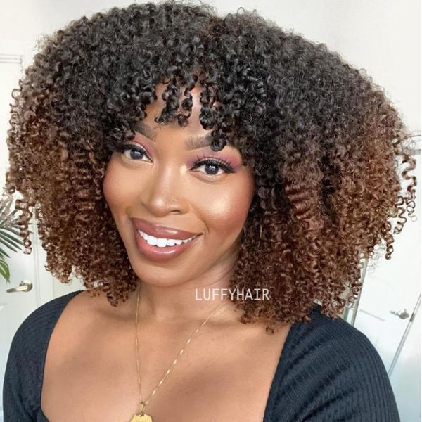 

lace wigs blonde ombre curly human hair with bangs 20inch 250% density kinky scalp machine glueless two tone color wig, Black;brown