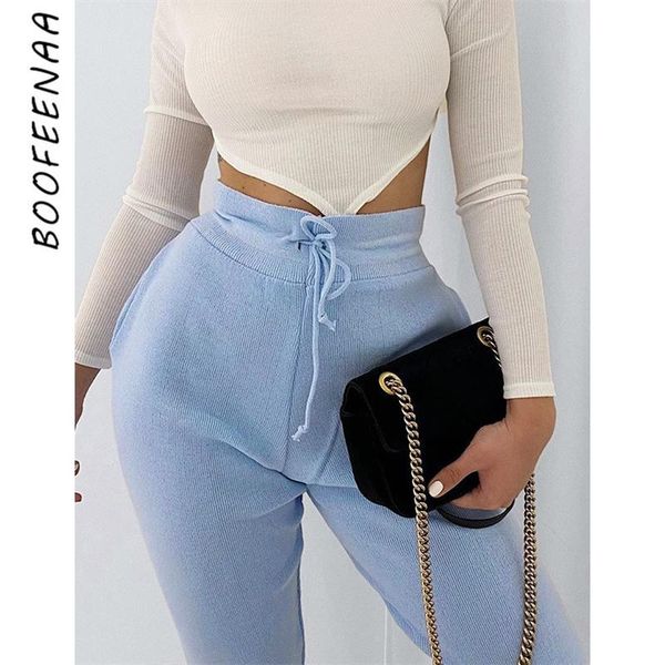 

solid drawstring knitted pants women high waist joggers sweatpants cotton cozy trousers 2021 winter leggings c76-cd30 women's & capris, Black;white