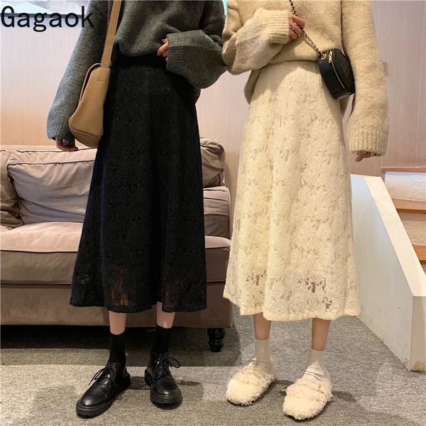 

skirts gagaok women preppy style lace skirt spring autumn solid a-line mid-calf empire slim wild sweet female fashion korean, Black