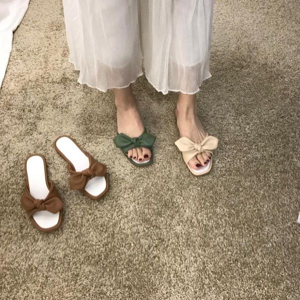 

slippers solid bowtied open toe women summer shoes brief square flats slides casual beach soft bottom anti-skid flip flops, Black