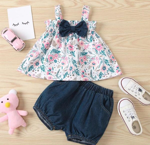 

clothing sets baby clothes fashionable girls outfit children summer sweet style floral plant printing sleeveless suspender shorts set, White