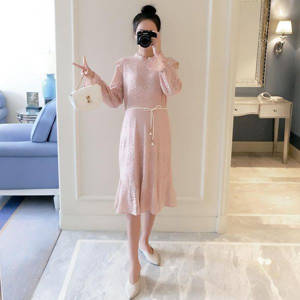 

9385# 2021 spring korean fashion pink lace maternity long dress sweet cute clothes for pregnant women pregnancy party dresses, White