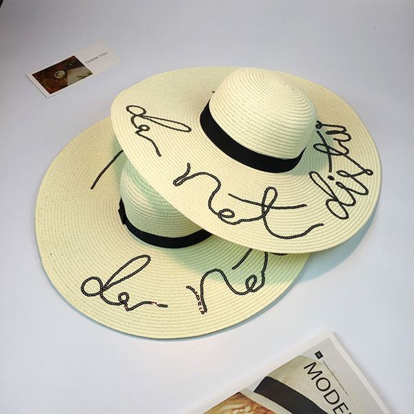

wide brim hats summer candy color straw large letter sequin embroidery folding girl sunny ladies boho cap beach sun hat sv8a, Blue;gray
