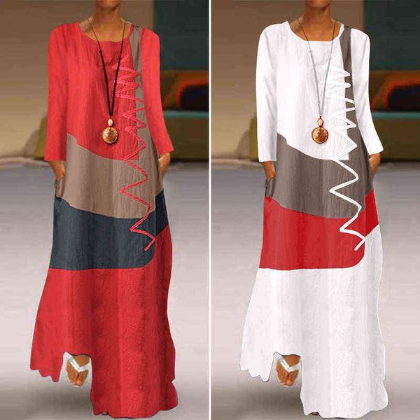 

zanzea 2021 womens autumn sundress stitching maxi dress casual long sleeve tunic vestidos female cotton linen robe y220214, Black;gray