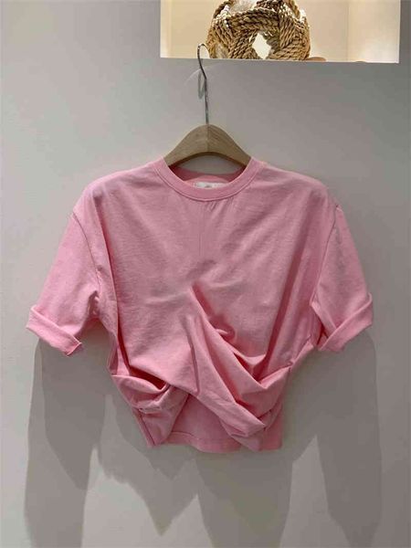 

spring summer new o neck short sweet cross-sleeved t-shirt women loose bottom 210421, White