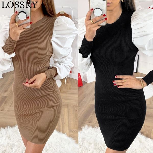 

patchwork puff sleeve kintted sweater dress black elegant bodycon slim birthday party es fall winter women mini 210520, Black;gray