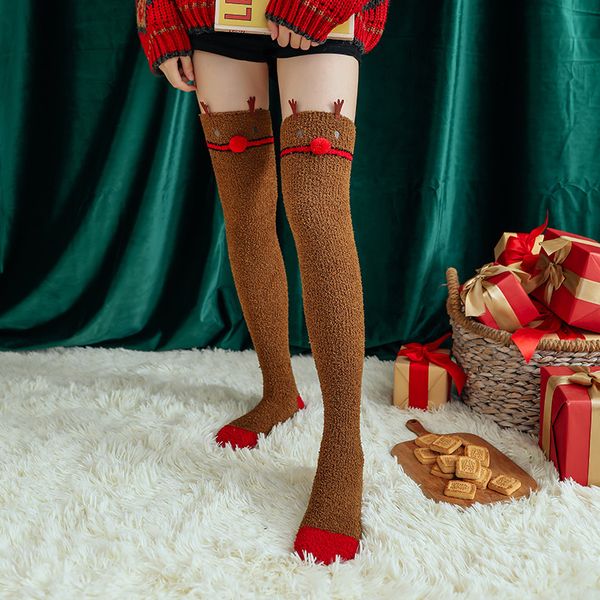 

christmas fashion accessories women thigh high socks winter warm coral fleece soft stockings cute cartoon santa elk plush long socks new yea, Silver
