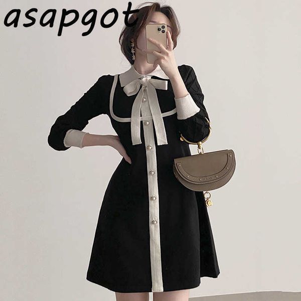 

fashion vintage chic puff long sleeve peter pan collar bow single-breasted knitted dress women mini vestido feminino wild sweet 210610, Black;gray