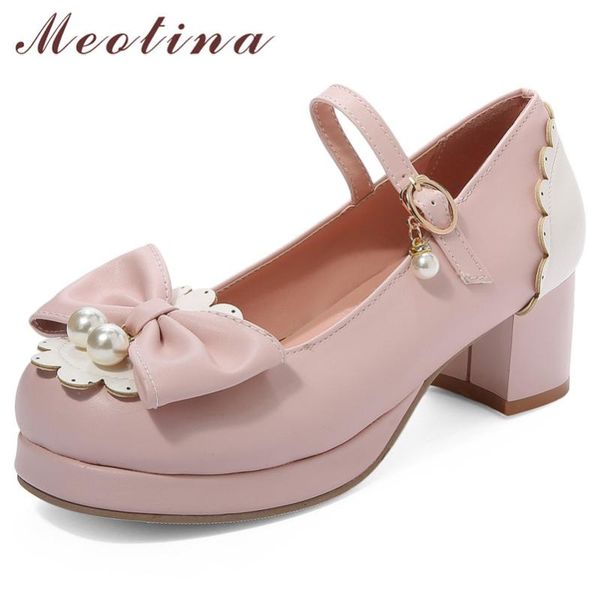 

dress shoes meotina high heels women pumps buckle square mary janes pearl bow round toe party ladies plus size 33-46, Black