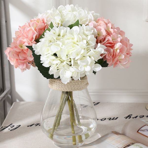 

home decorative fake flowers simulation silk hydrangeas two leaf bride hand holding bouquet wedding guide blooming artificial flowers