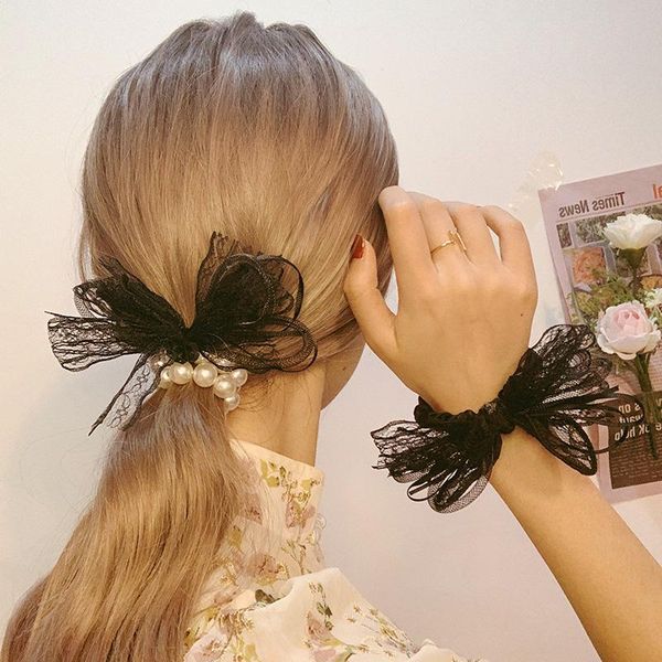 

hair accessories women elegant black lace bow pearls scrunchie headband sweet ornament hairbands clips fashion