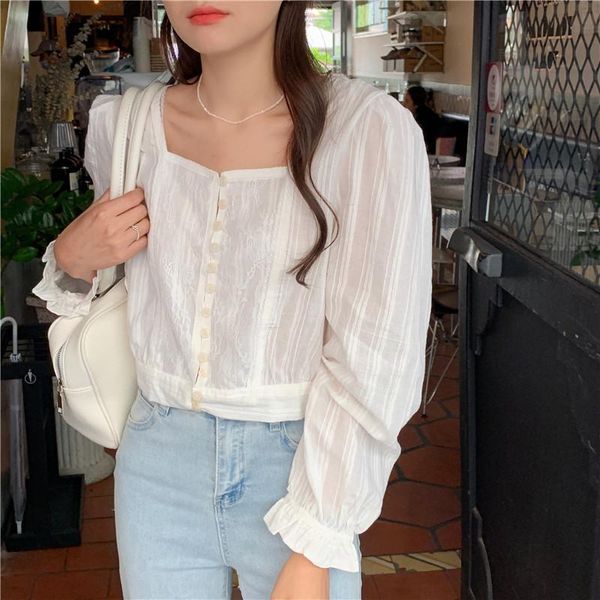 

women's blouses & shirts 2021 korean style loose patchwork long sleeve shirt summer short blouse female breif (g9239), White