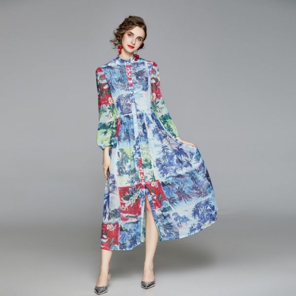 

summer runway scenery print dresses women stand collar wrist sleeve high waist a line slim long chiffon dresses 210514, Black;gray