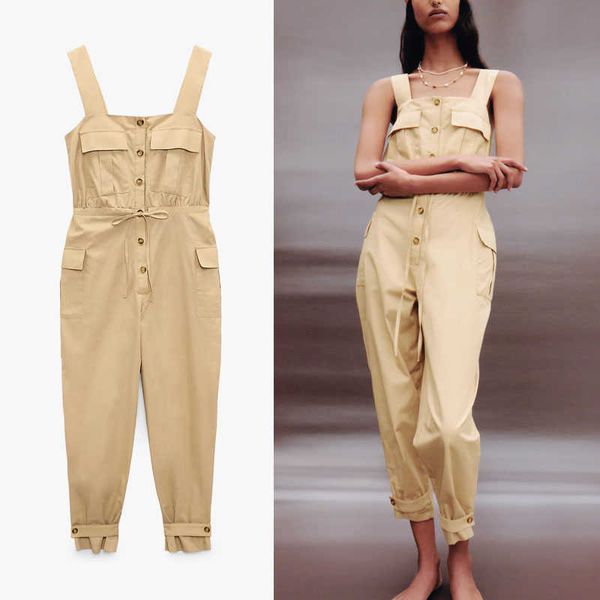 Za Cargo Sommer Overall Frauen Ärmel Breite Träger Einstellbare Kordelzug Vintage Playsuits Frau Elastische Overalls 210602