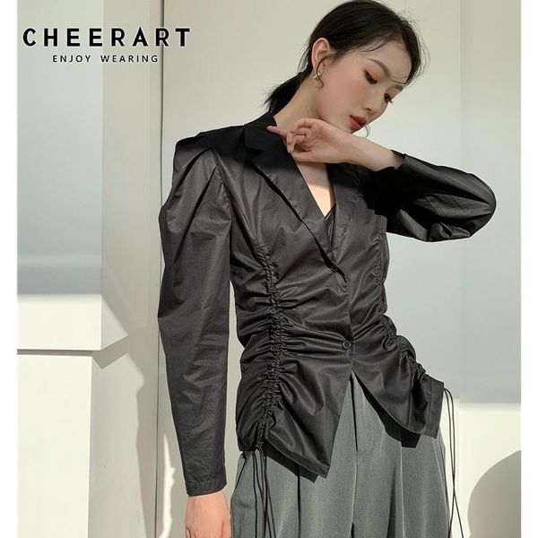 

women's blouses & shirts cheerart 2021 spring drawstring designer puff sleeve black lapel button up long blouse fashion ladies clothing, White