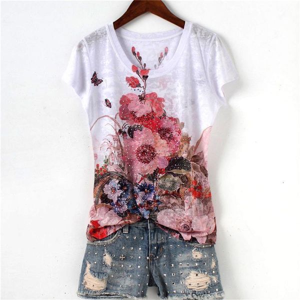 

fashion drilling floral double print slim t shirt women arrival o-neck short sleeve plus size -5xl1, White