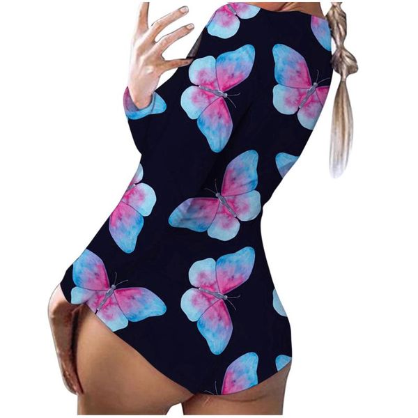 

women's jumpsuits & rompers women butterfly print long sleeve nightwear jumpsuit bodysuit playsuit romper combinaison femme pantalon ma, Black;white