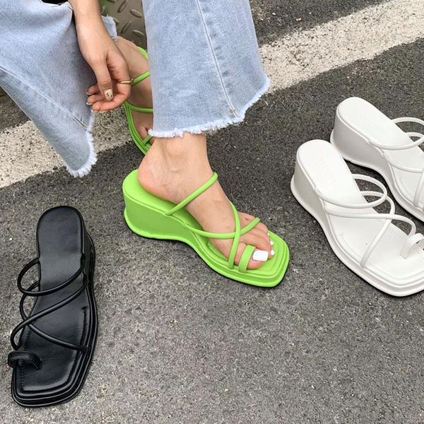 

summer women slipper outdoor narrow band sandal shoes ladies high wedges heel female slides flip flop mujer slippers, Black