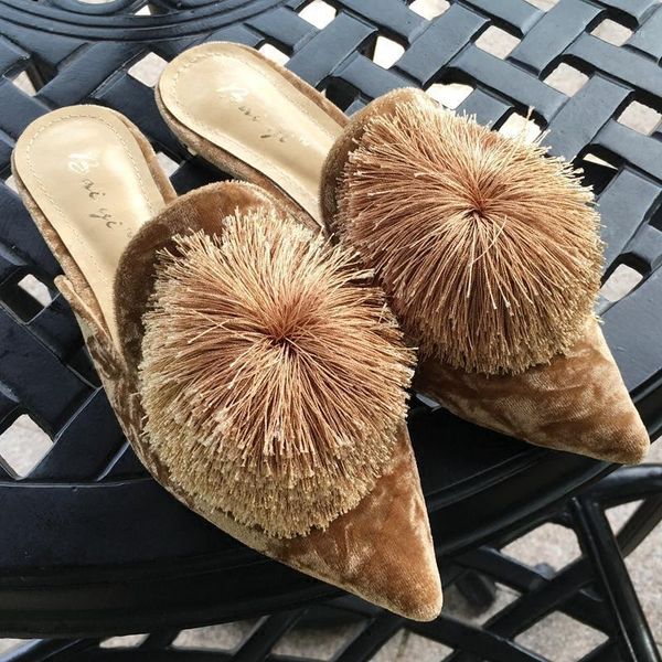 

slippers muller flat pointed furry ball baotou slipper tassel lazy outside holiday women1, Black
