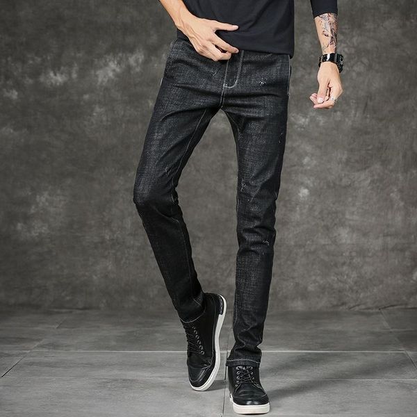

men's jeans all-match korean version of self-cultivation foot trend brand 2021 autumn and winter ripped, Blue