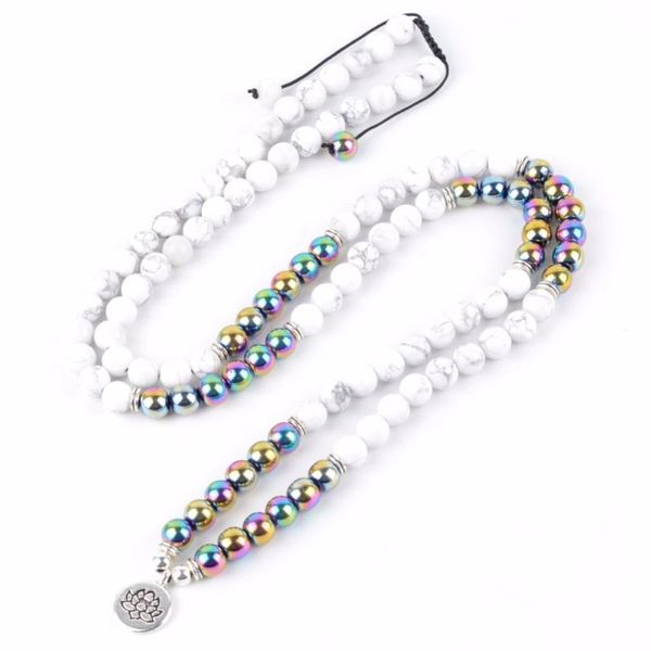 

charm bracelets fashion dual-use necklace bracelet men 108pcs howlite hematite beads lotus pendant long necklaces for women jewelry, Golden;silver