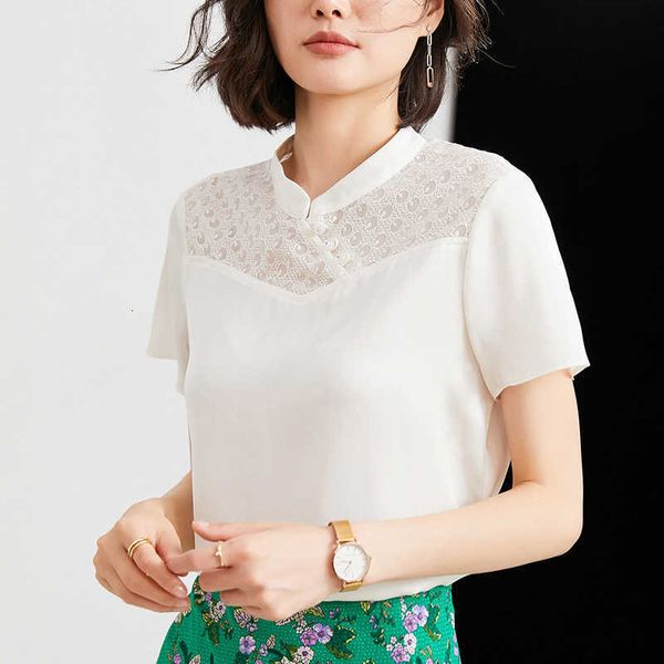

women's t-shirt short sleeve lace stitching of mulberry silk women's blouse in summer c4v7, White