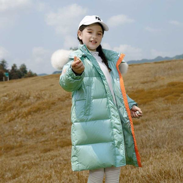 

down coat -35 degree winter girls coats duck long for 5-12year fur collar kids fashion jackets warm, Blue;gray