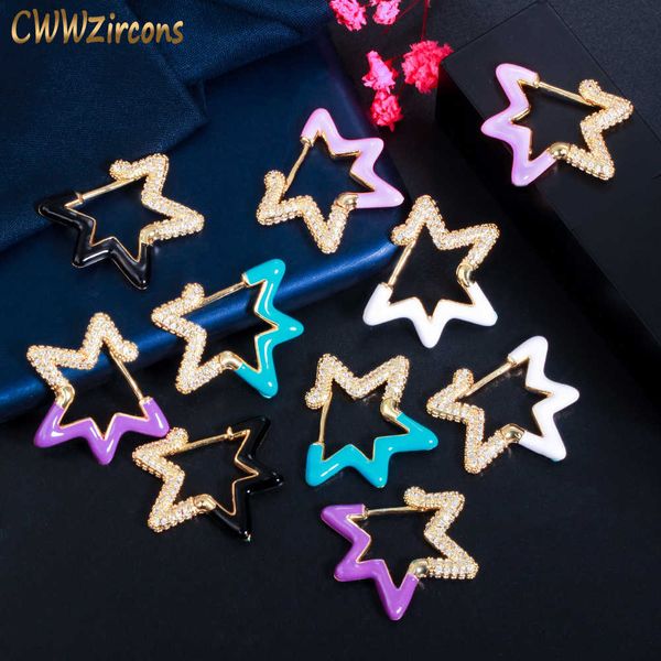 

double side gold color enamel cz lucky star stud earrings for women fashion hip hop punk jewelry accessories cz831 210714, Golden;silver