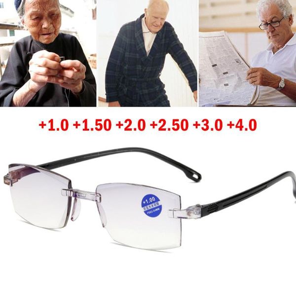 

rimless diamond trimming reading glasses+1.0 +1.50 +2.0 +2.50 +3.0 +4.0 for men women elderly anti blue light sunglasses, White;black