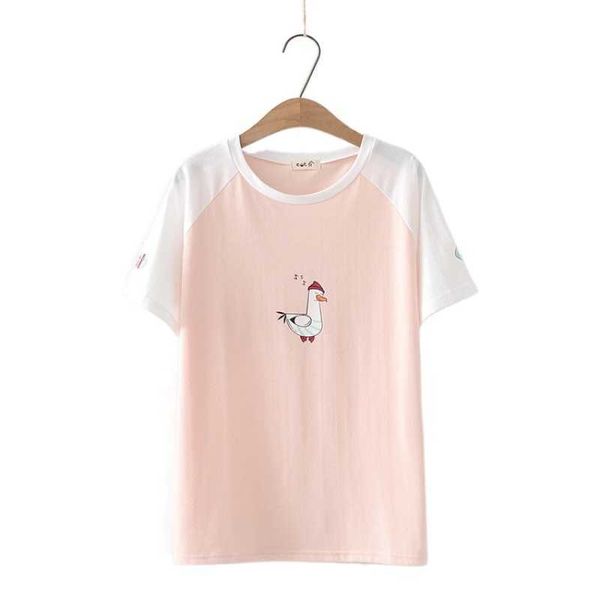 

women t shirts summer cotton cartoon print casual sweet style female short sleeve patchwork kawaii cute tee shirt 210526, White
