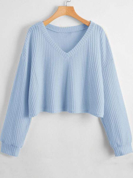 

plus solid v-neck waffle knit tee v9mn#, Black