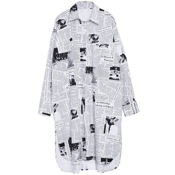 

spring autumn lapel long sleeve white printed loose irregular big size shirt women blouse fashion tide jf008 women's blouses & shirts