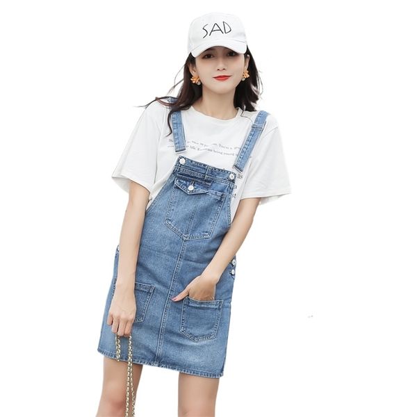 Jeans Vestidos para Menina Estudante Ajustável Cinta Botão Multi-Pocket Coreano Verão Denim Mini Solto 210604